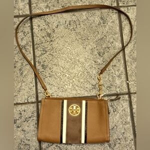 Tory Burch Brown and Cream Leather Crossbody with Gold Logo